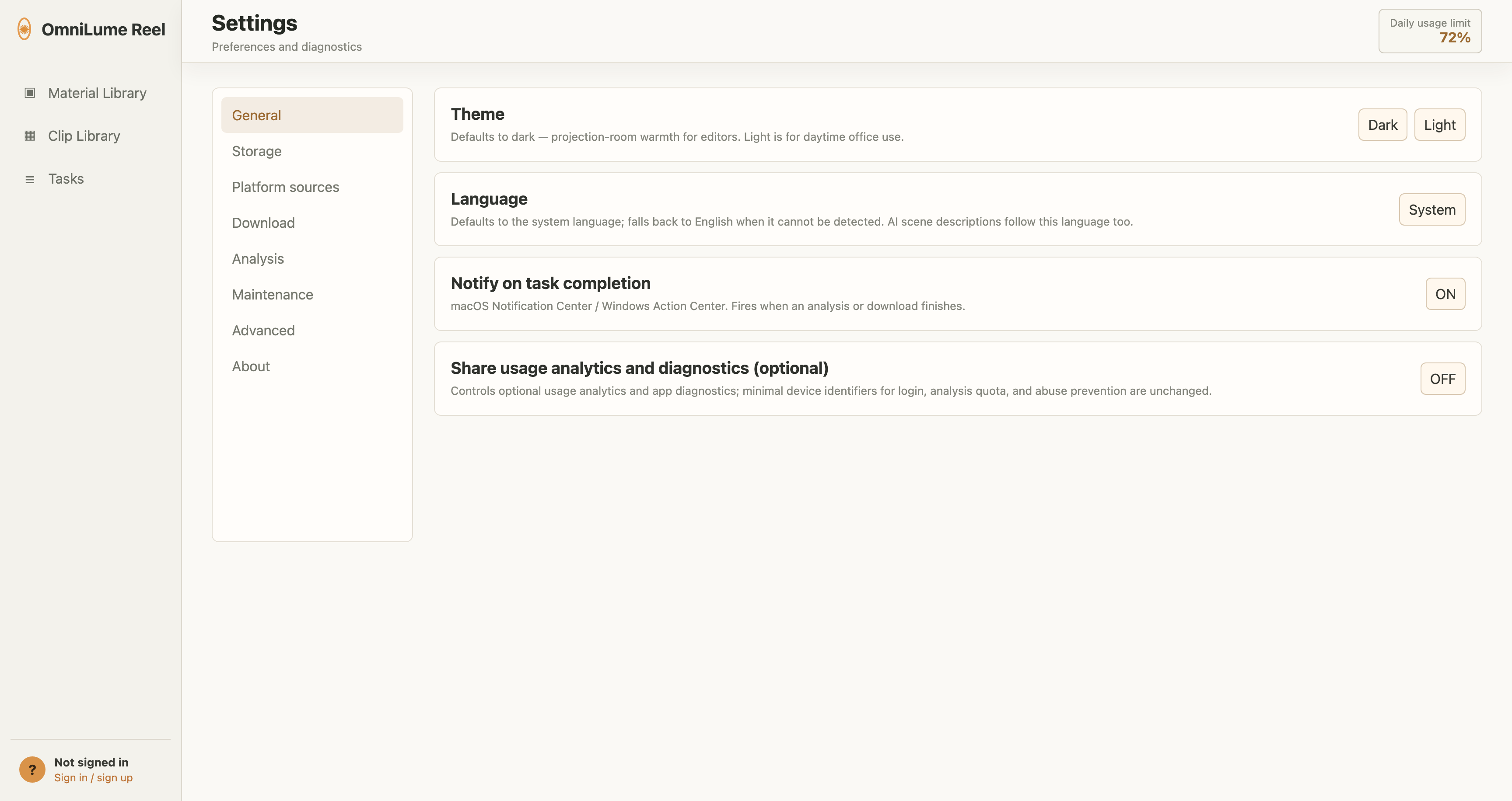 Settings page